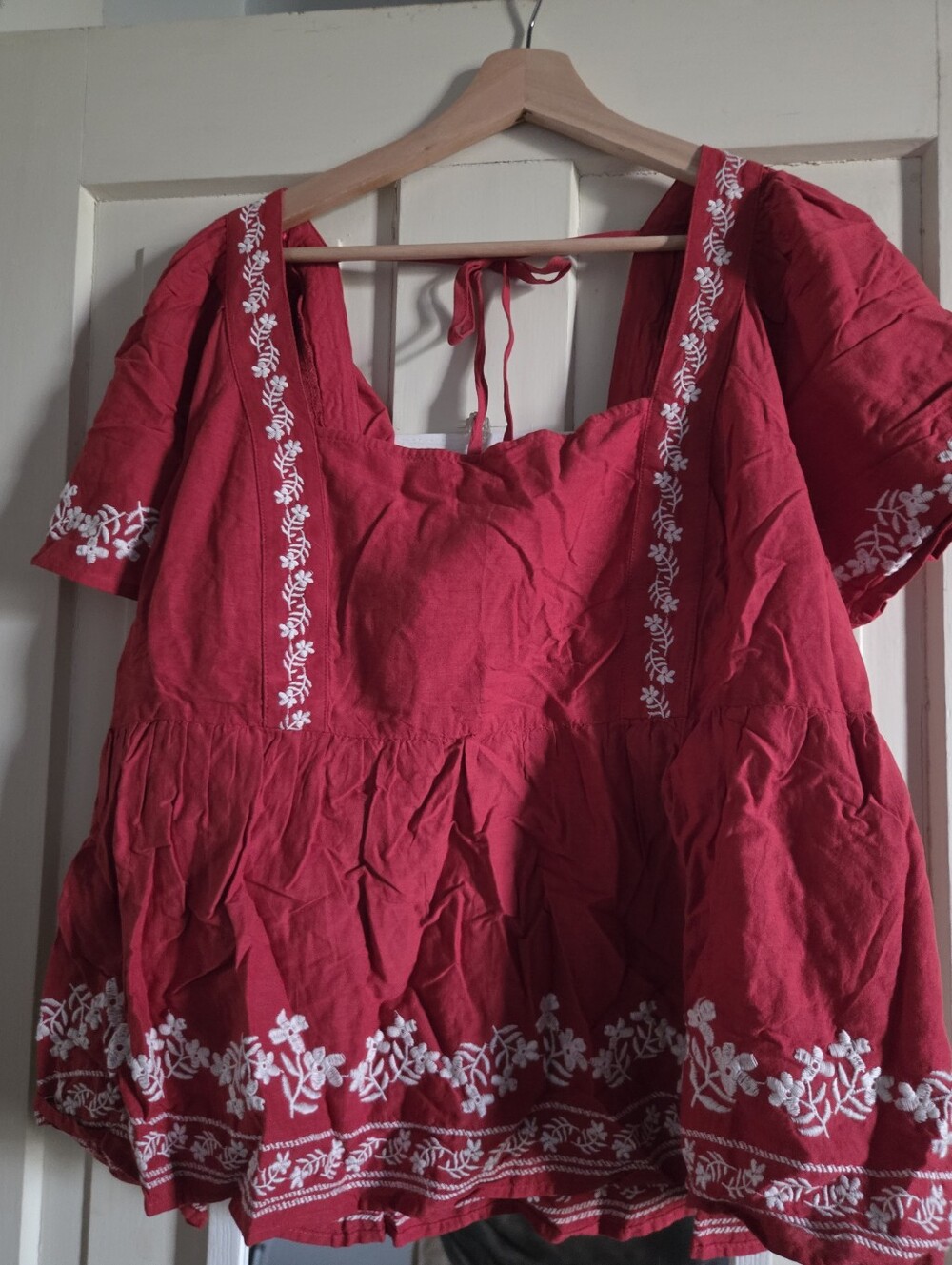 Red Embroidered Peasant Top
